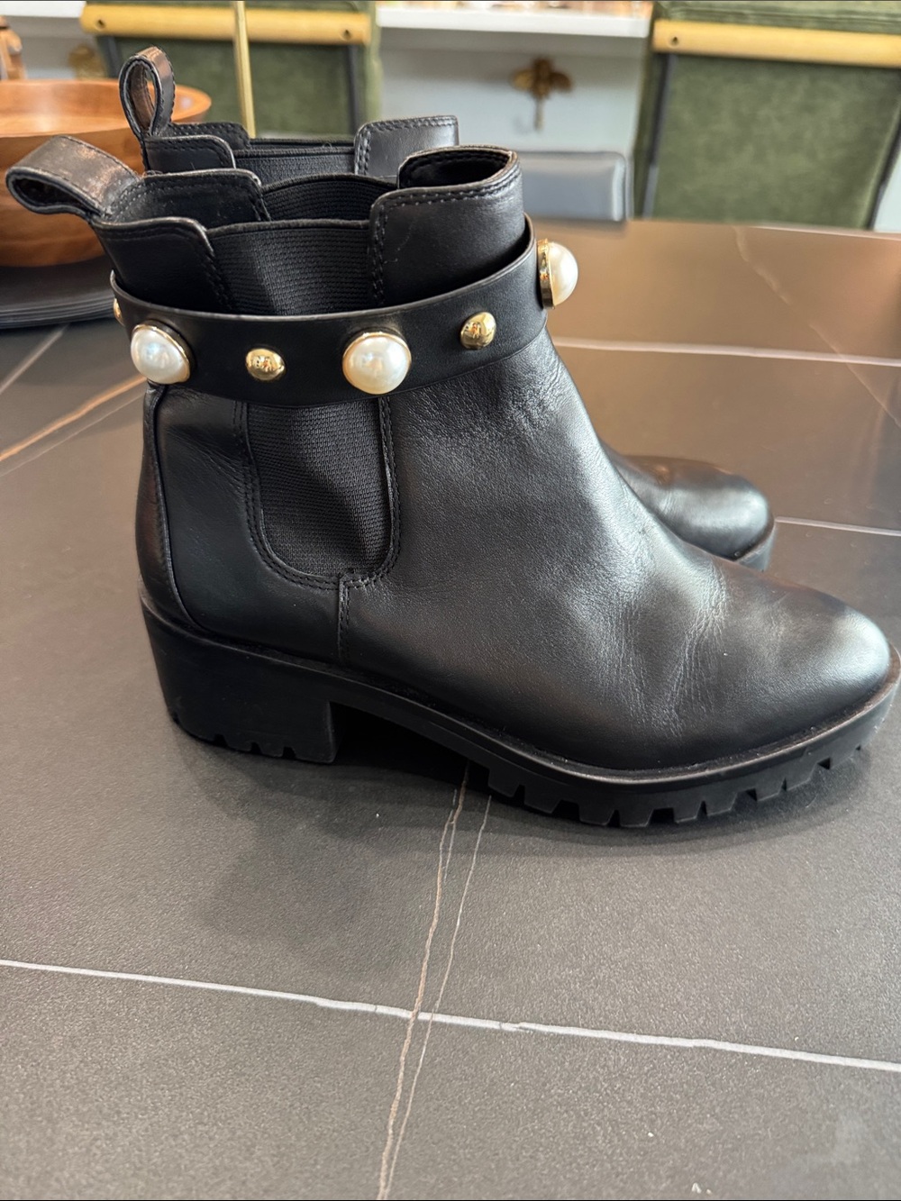 Karl Lagerfeld Black Leather Ankle Boots with Pearl Studs - Picture 3 of 8